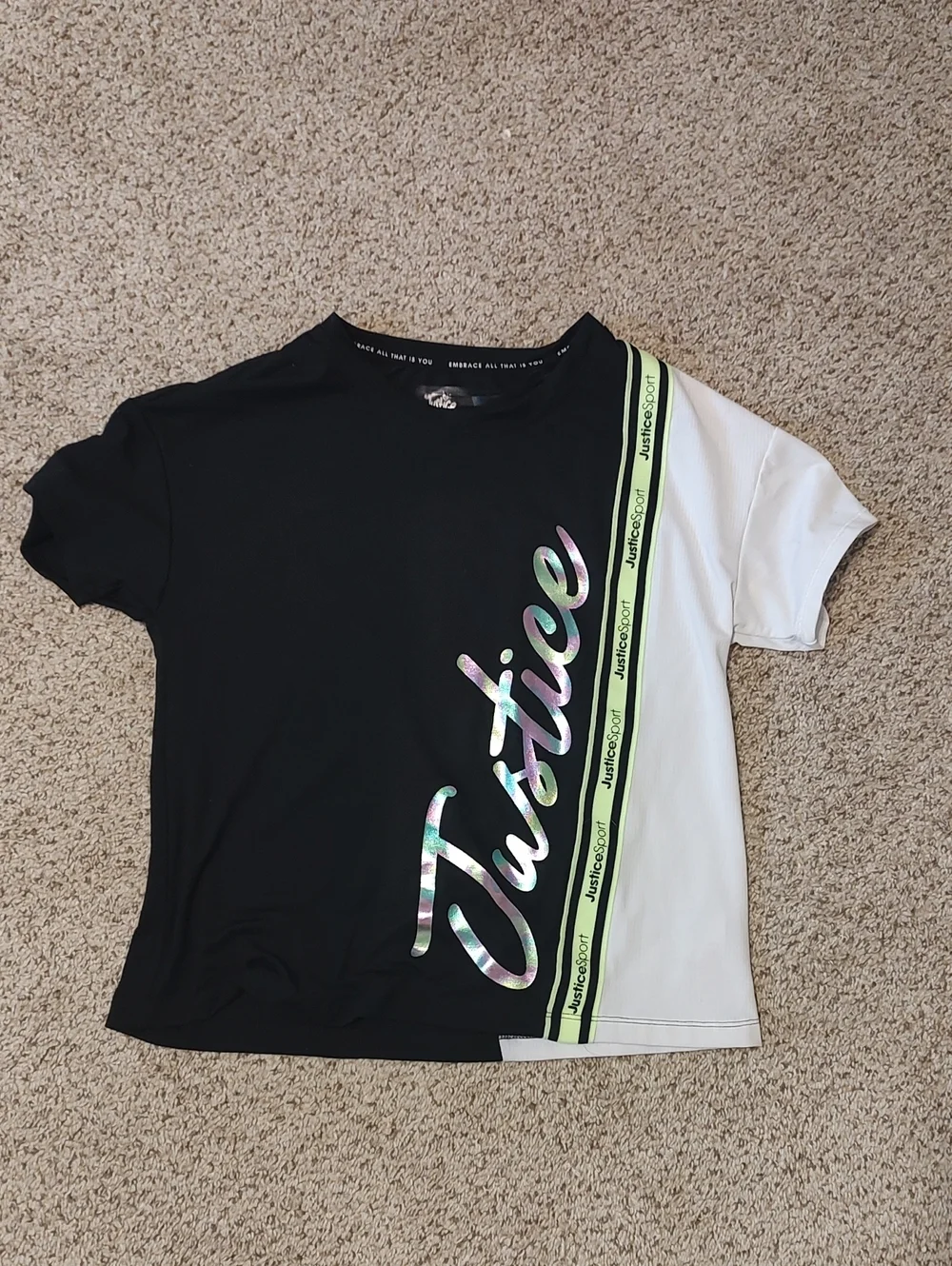 Justice Black & White Colorblock Tee with Neon Lime Accent